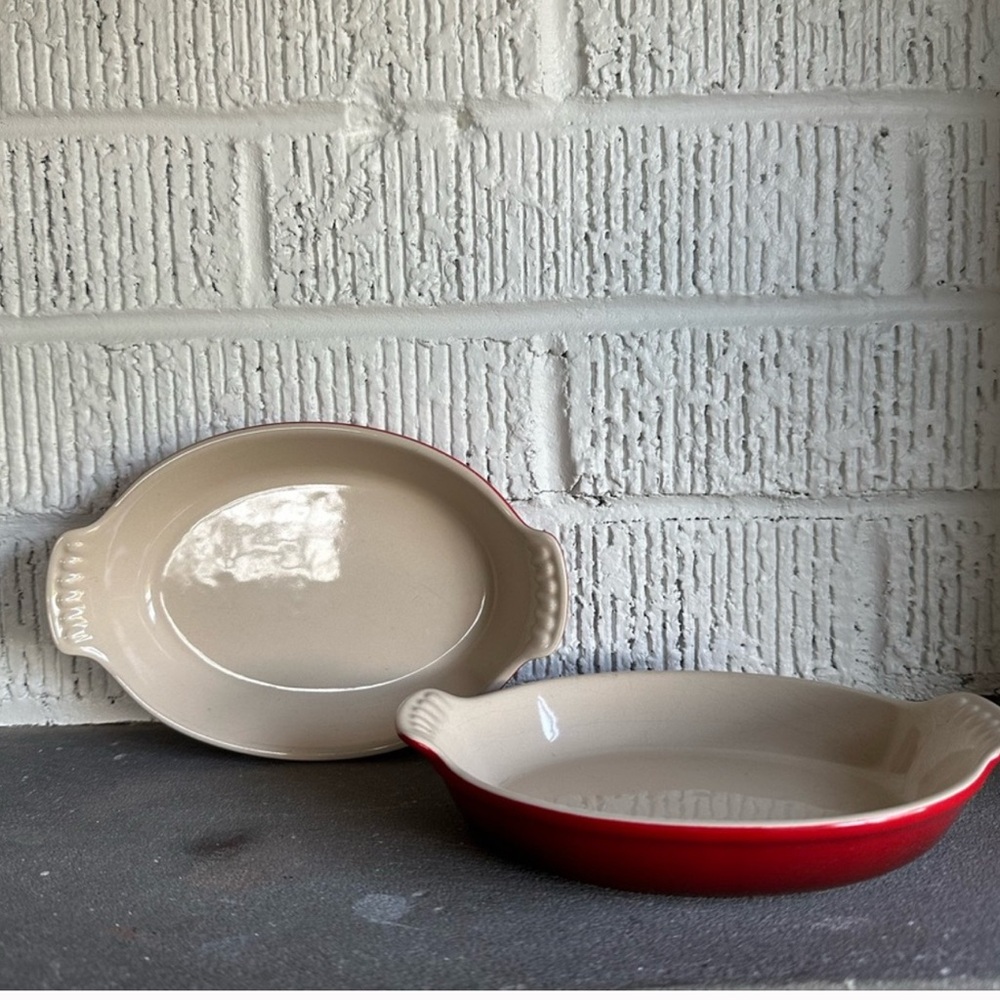Le Creuset Red and Cream Oval Baking Dishes